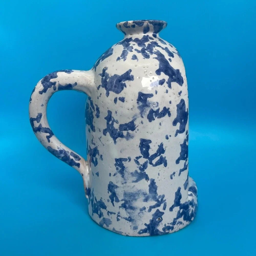 Vintage Spongeware Stoneware Pottery‎ Candle Holder Lantern White Blue Speckled